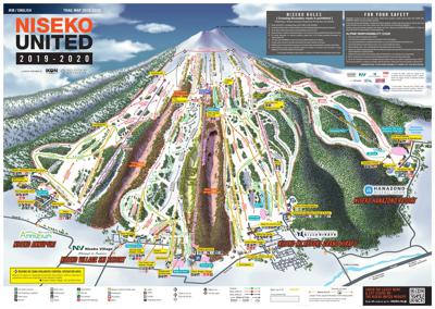 A Map of the Niseko United Ski Resort showing the ski lifts, piste runs and village locations
