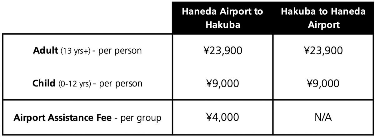 Hakuba Shared Taxi Transfer Prices