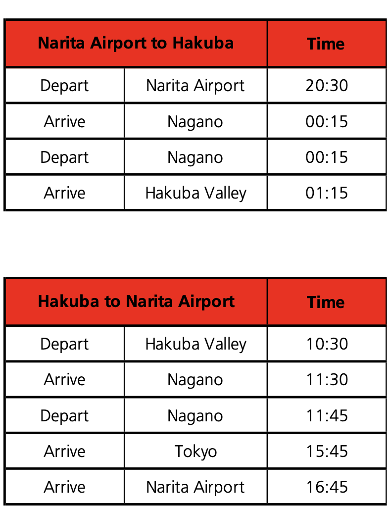 Tokyo Narita Airport to Hakuba Bus Transfer SamuraiSnow