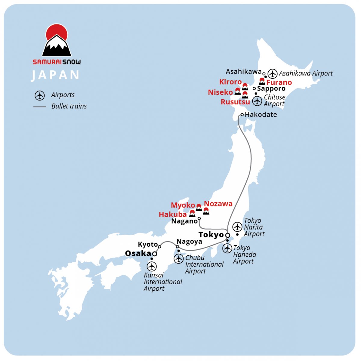Map of Niseko, Hakuba, Myoko, Tokyo, Kyoto, Sapporo, Chitose Airport, Tokyo Narita Airport, Tokyo Haneda Airport
