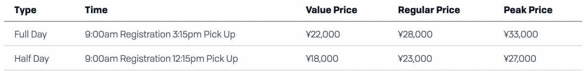 Go Snow Ninja Kids pricing table