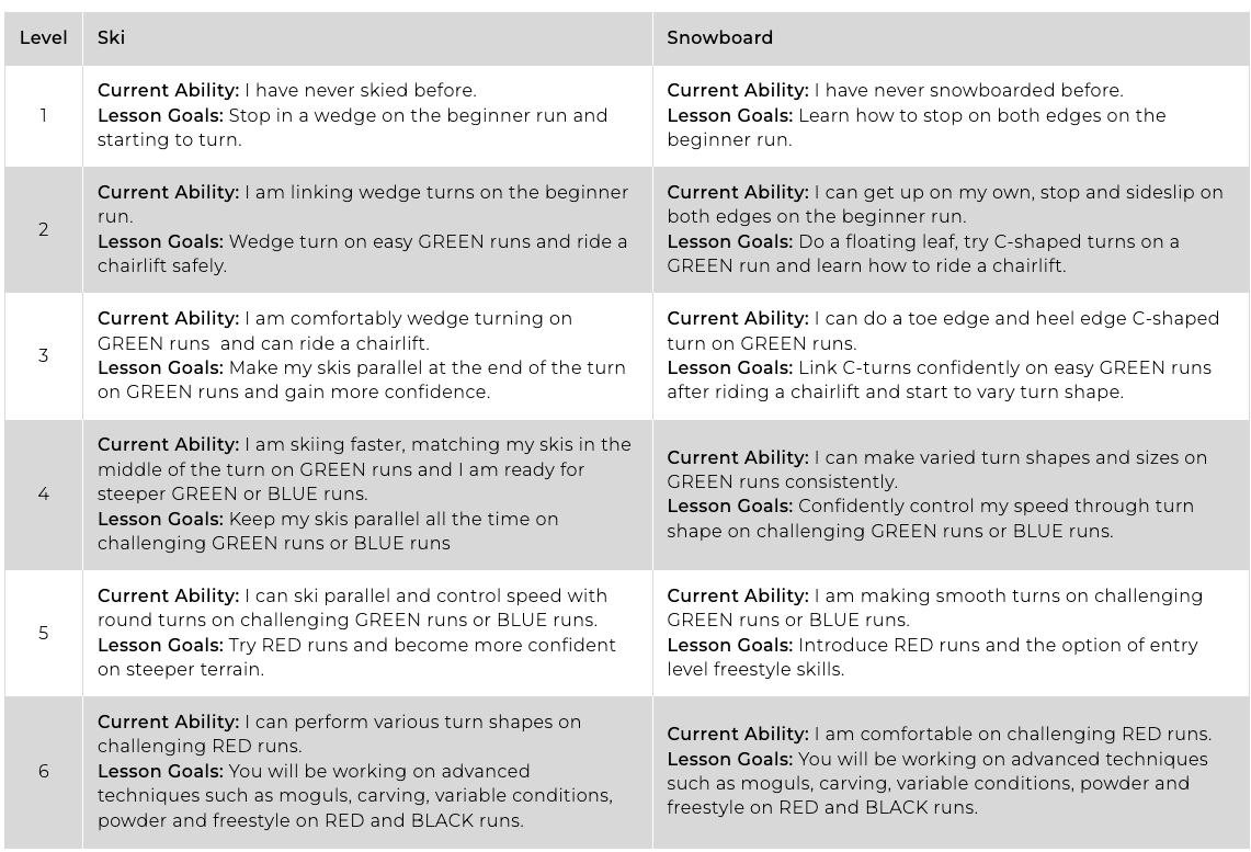 Nozawa Ski School Ability Levels