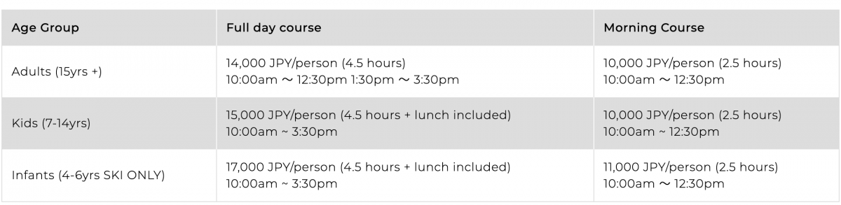 Nozawa Snowsports School Prices