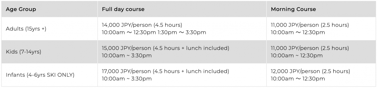 Nozawa Snowsports School Prices